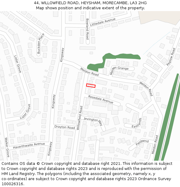 44, WILLOWFIELD ROAD, HEYSHAM, MORECAMBE, LA3 2HG: Location map and indicative extent of plot