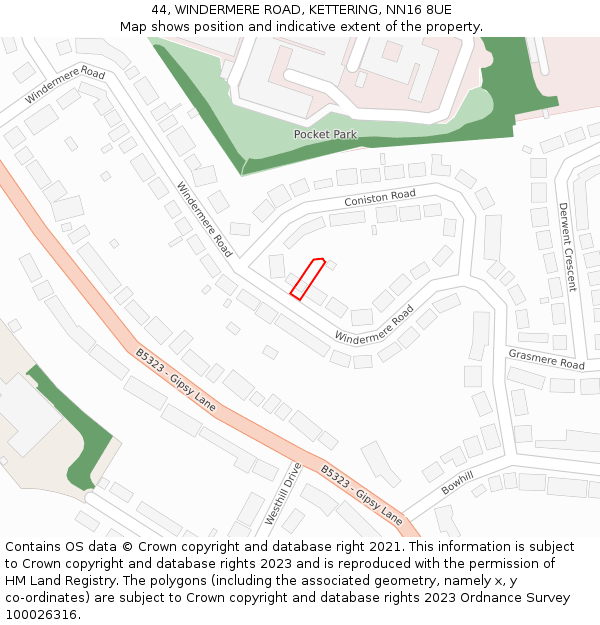44, WINDERMERE ROAD, KETTERING, NN16 8UE: Location map and indicative extent of plot