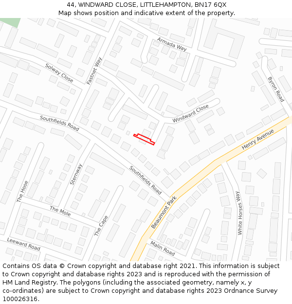 44, WINDWARD CLOSE, LITTLEHAMPTON, BN17 6QX: Location map and indicative extent of plot