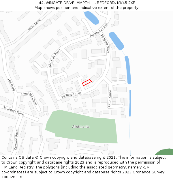 44, WINGATE DRIVE, AMPTHILL, BEDFORD, MK45 2XF: Location map and indicative extent of plot