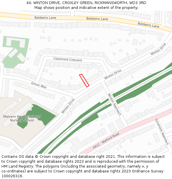 44, WINTON DRIVE, CROXLEY GREEN, RICKMANSWORTH, WD3 3RD: Location map and indicative extent of plot