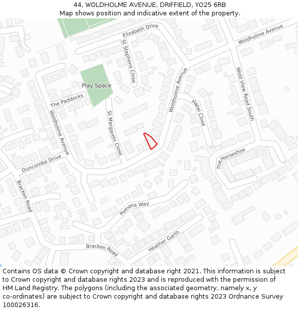 44, WOLDHOLME AVENUE, DRIFFIELD, YO25 6RB: Location map and indicative extent of plot