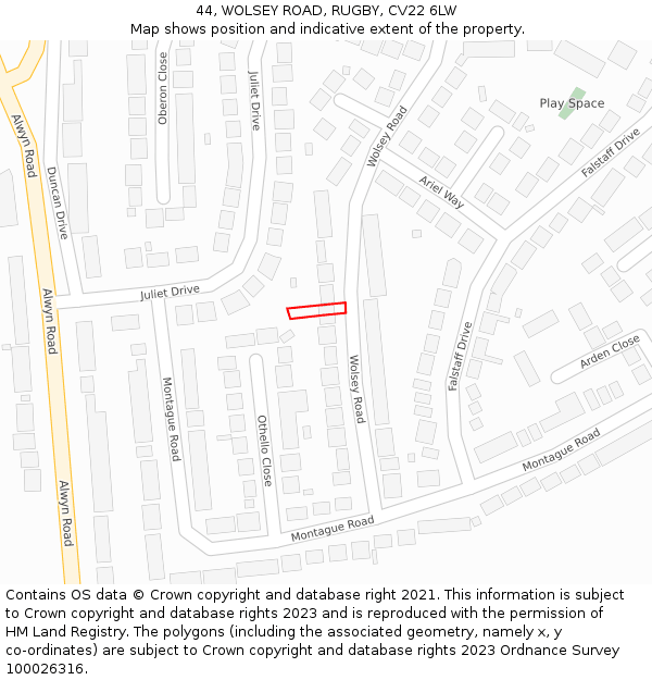 44, WOLSEY ROAD, RUGBY, CV22 6LW: Location map and indicative extent of plot