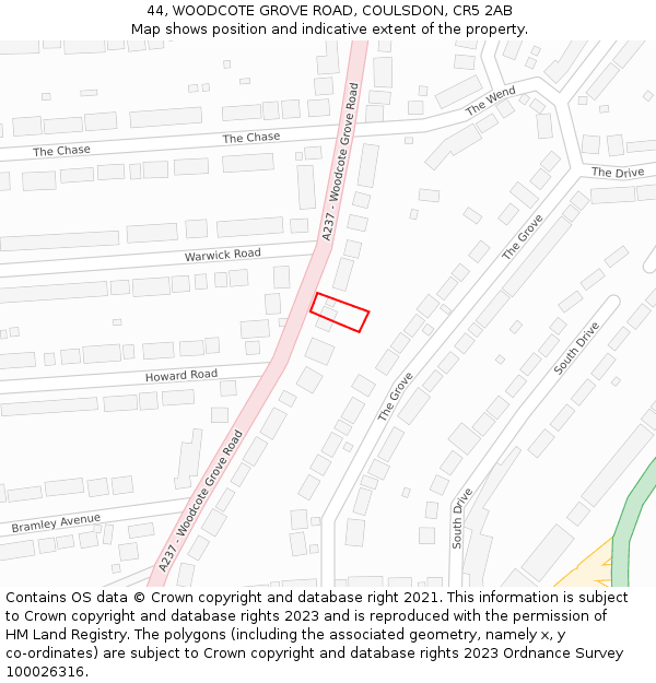 44, WOODCOTE GROVE ROAD, COULSDON, CR5 2AB: Location map and indicative extent of plot