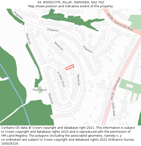 44, WOODCOTE, KILLAY, SWANSEA, SA2 7AZ: Location map and indicative extent of plot