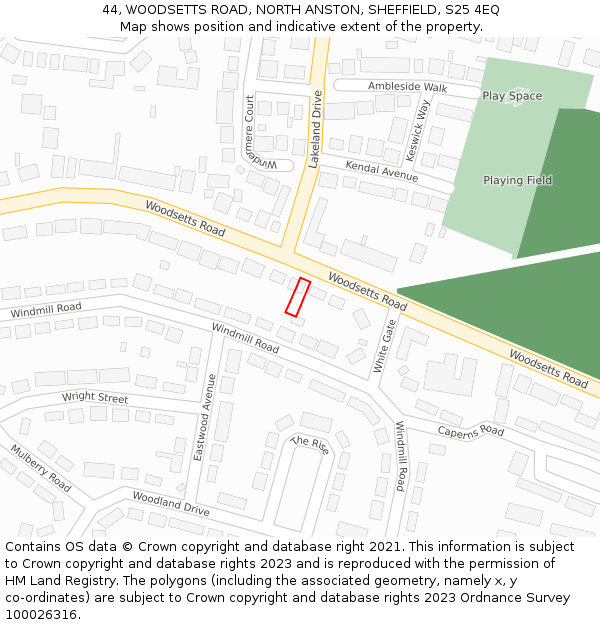 44, WOODSETTS ROAD, NORTH ANSTON, SHEFFIELD, S25 4EQ: Location map and indicative extent of plot