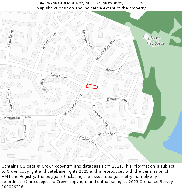 44, WYMONDHAM WAY, MELTON MOWBRAY, LE13 1HX: Location map and indicative extent of plot