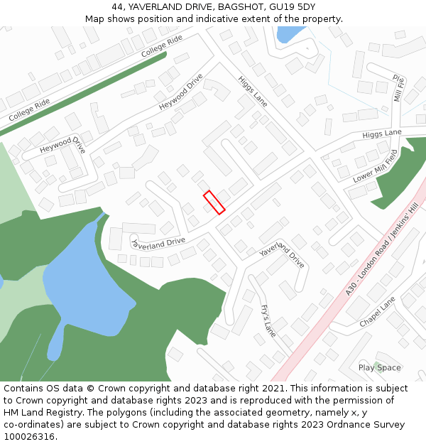 44, YAVERLAND DRIVE, BAGSHOT, GU19 5DY: Location map and indicative extent of plot