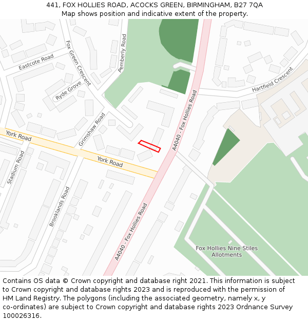 441, FOX HOLLIES ROAD, ACOCKS GREEN, BIRMINGHAM, B27 7QA: Location map and indicative extent of plot