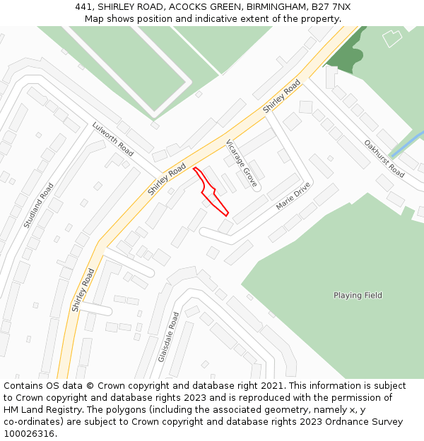 441, SHIRLEY ROAD, ACOCKS GREEN, BIRMINGHAM, B27 7NX: Location map and indicative extent of plot