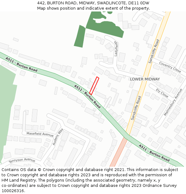 442, BURTON ROAD, MIDWAY, SWADLINCOTE, DE11 0DW: Location map and indicative extent of plot