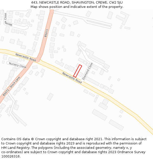 443, NEWCASTLE ROAD, SHAVINGTON, CREWE, CW2 5JU: Location map and indicative extent of plot