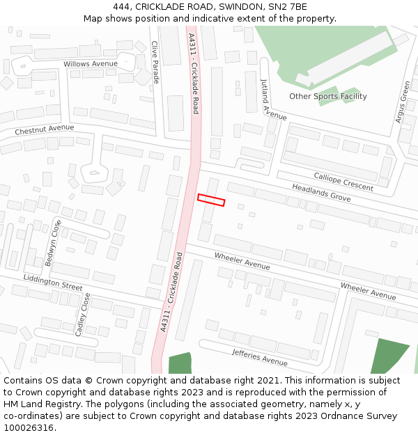 444, CRICKLADE ROAD, SWINDON, SN2 7BE: Location map and indicative extent of plot