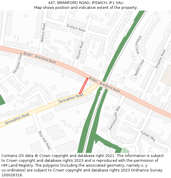 447, BRAMFORD ROAD, IPSWICH, IP1 5AU: Location map and indicative extent of plot