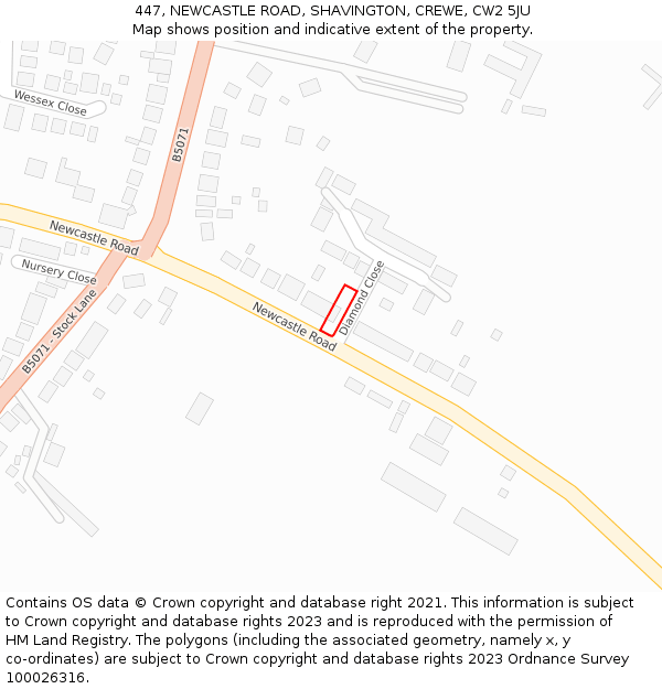 447, NEWCASTLE ROAD, SHAVINGTON, CREWE, CW2 5JU: Location map and indicative extent of plot