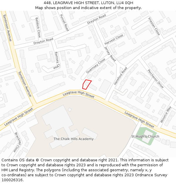 448, LEAGRAVE HIGH STREET, LUTON, LU4 0QH: Location map and indicative extent of plot