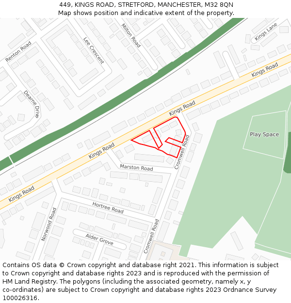 449, KINGS ROAD, STRETFORD, MANCHESTER, M32 8QN: Location map and indicative extent of plot