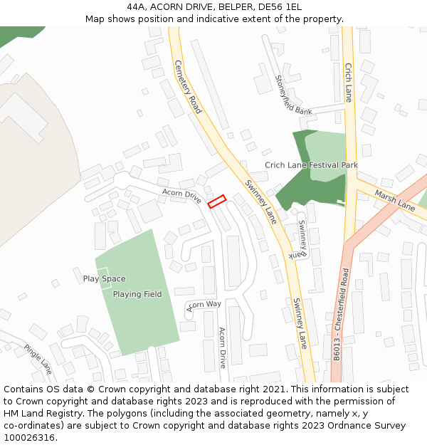 44A, ACORN DRIVE, BELPER, DE56 1EL: Location map and indicative extent of plot