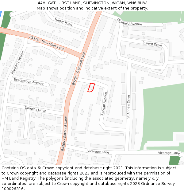 44A, GATHURST LANE, SHEVINGTON, WIGAN, WN6 8HW: Location map and indicative extent of plot