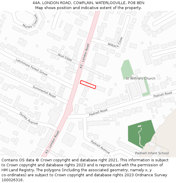 44A, LONDON ROAD, COWPLAIN, WATERLOOVILLE, PO8 8EN: Location map and indicative extent of plot