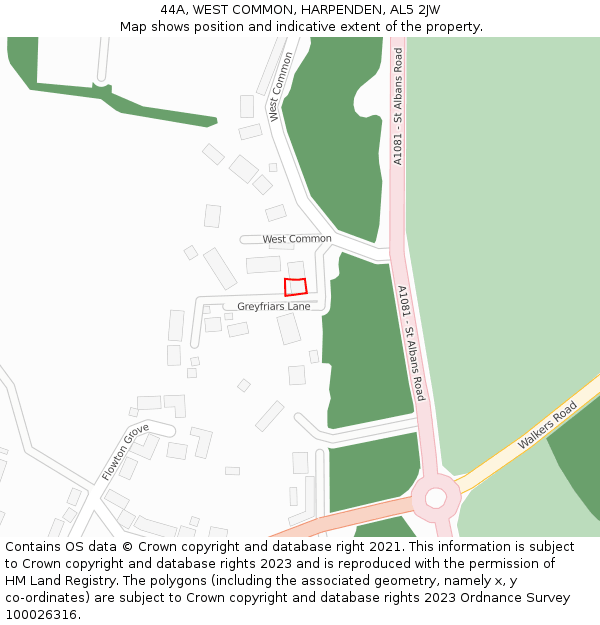 44A, WEST COMMON, HARPENDEN, AL5 2JW: Location map and indicative extent of plot