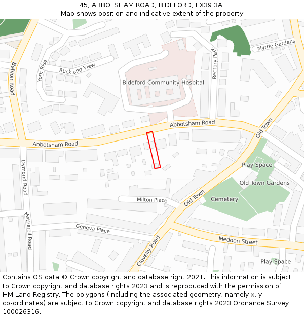 45, ABBOTSHAM ROAD, BIDEFORD, EX39 3AF: Location map and indicative extent of plot