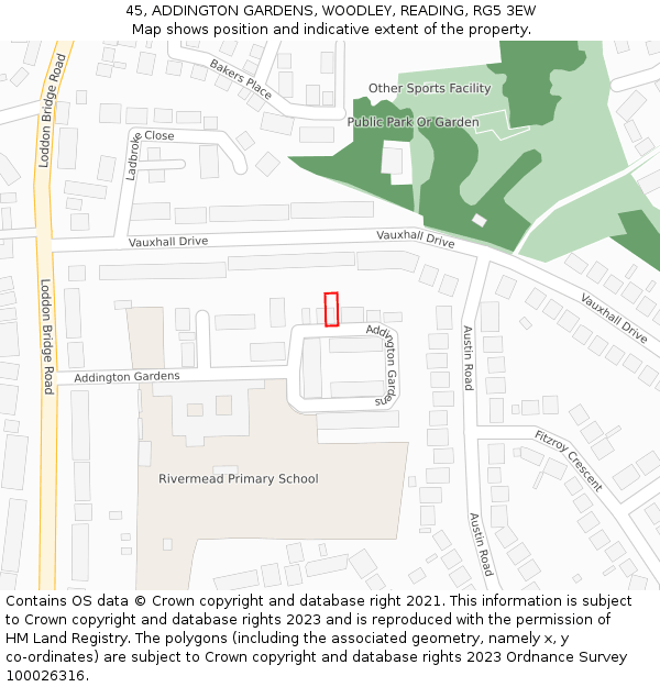 45, ADDINGTON GARDENS, WOODLEY, READING, RG5 3EW: Location map and indicative extent of plot