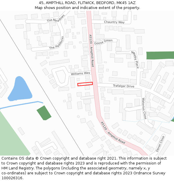 45, AMPTHILL ROAD, FLITWICK, BEDFORD, MK45 1AZ: Location map and indicative extent of plot