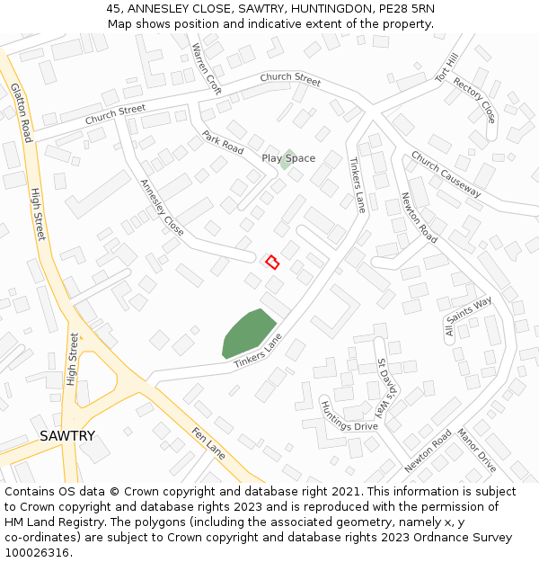 45, ANNESLEY CLOSE, SAWTRY, HUNTINGDON, PE28 5RN: Location map and indicative extent of plot