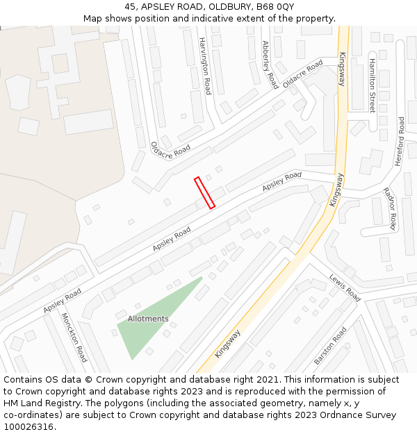 45, APSLEY ROAD, OLDBURY, B68 0QY: Location map and indicative extent of plot