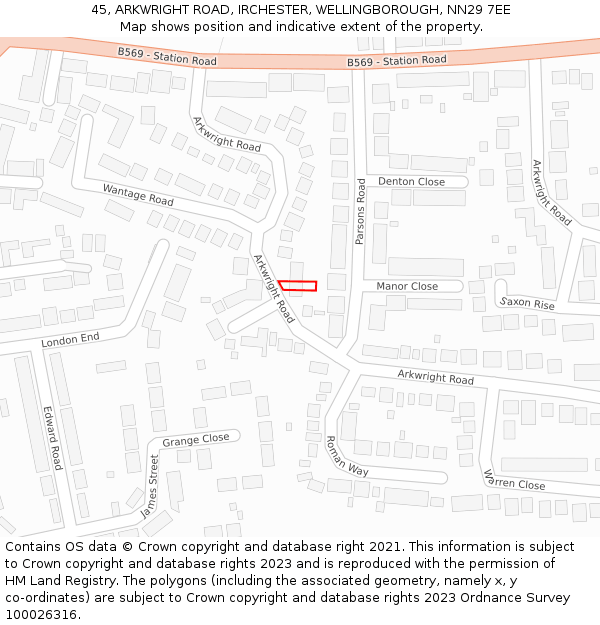 45, ARKWRIGHT ROAD, IRCHESTER, WELLINGBOROUGH, NN29 7EE: Location map and indicative extent of plot