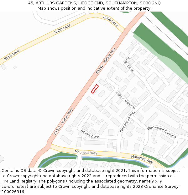 45, ARTHURS GARDENS, HEDGE END, SOUTHAMPTON, SO30 2NQ: Location map and indicative extent of plot