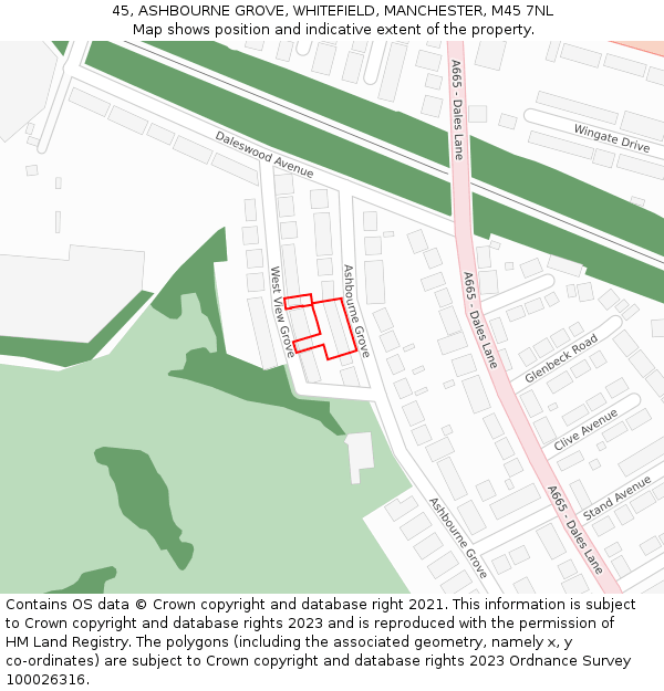 45, ASHBOURNE GROVE, WHITEFIELD, MANCHESTER, M45 7NL: Location map and indicative extent of plot