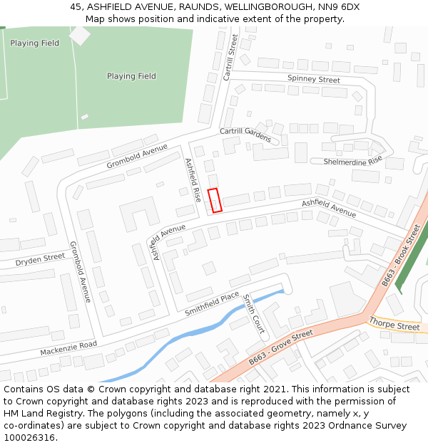 45, ASHFIELD AVENUE, RAUNDS, WELLINGBOROUGH, NN9 6DX: Location map and indicative extent of plot