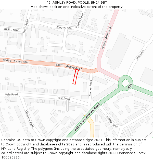 45, ASHLEY ROAD, POOLE, BH14 9BT: Location map and indicative extent of plot