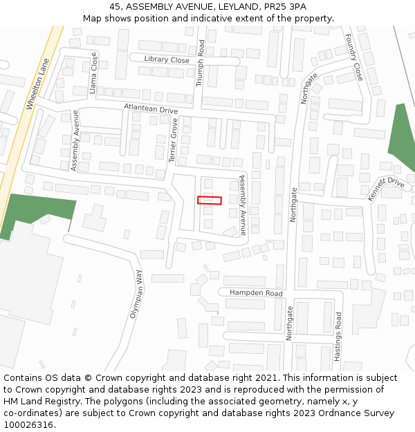 45, ASSEMBLY AVENUE, LEYLAND, PR25 3PA: Location map and indicative extent of plot