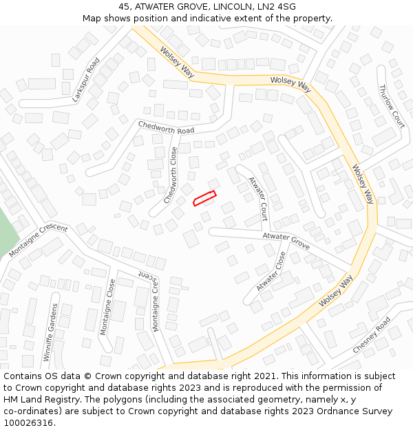 45, ATWATER GROVE, LINCOLN, LN2 4SG: Location map and indicative extent of plot