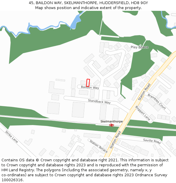 45, BAILDON WAY, SKELMANTHORPE, HUDDERSFIELD, HD8 9GY: Location map and indicative extent of plot