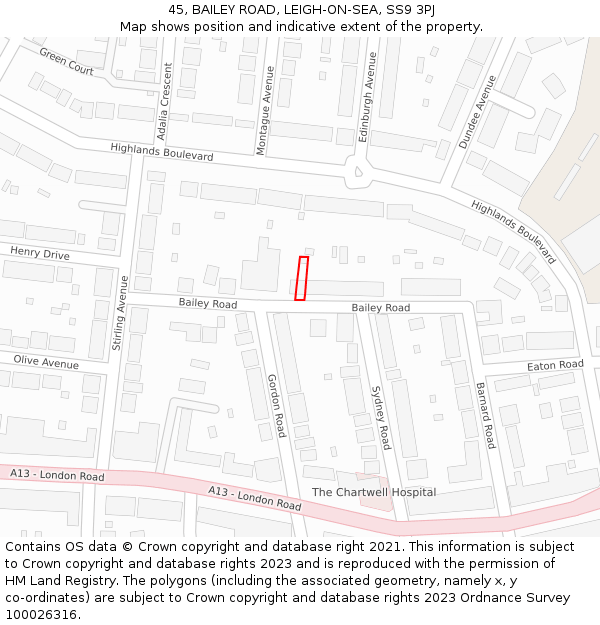 45, BAILEY ROAD, LEIGH-ON-SEA, SS9 3PJ: Location map and indicative extent of plot