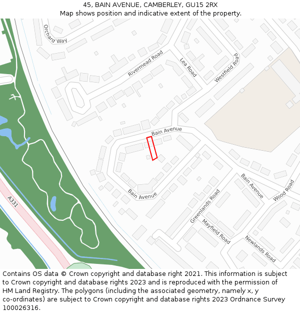 45, BAIN AVENUE, CAMBERLEY, GU15 2RX: Location map and indicative extent of plot