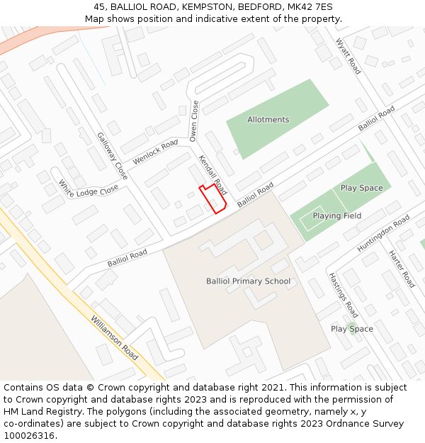 45, BALLIOL ROAD, KEMPSTON, BEDFORD, MK42 7ES: Location map and indicative extent of plot