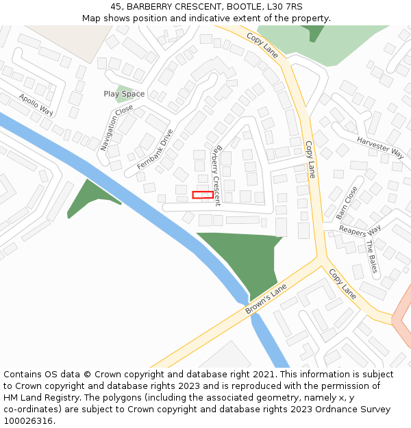 45, BARBERRY CRESCENT, BOOTLE, L30 7RS: Location map and indicative extent of plot