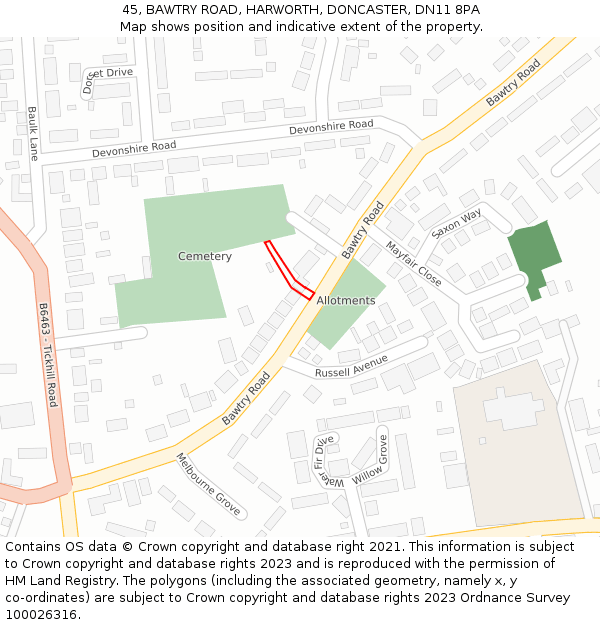 45, BAWTRY ROAD, HARWORTH, DONCASTER, DN11 8PA: Location map and indicative extent of plot