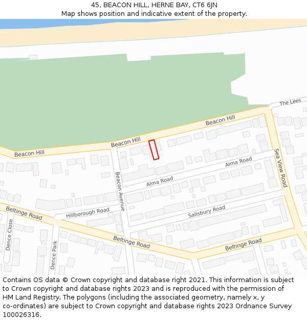 45, BEACON HILL, HERNE BAY, CT6 6JN: Location map and indicative extent of plot