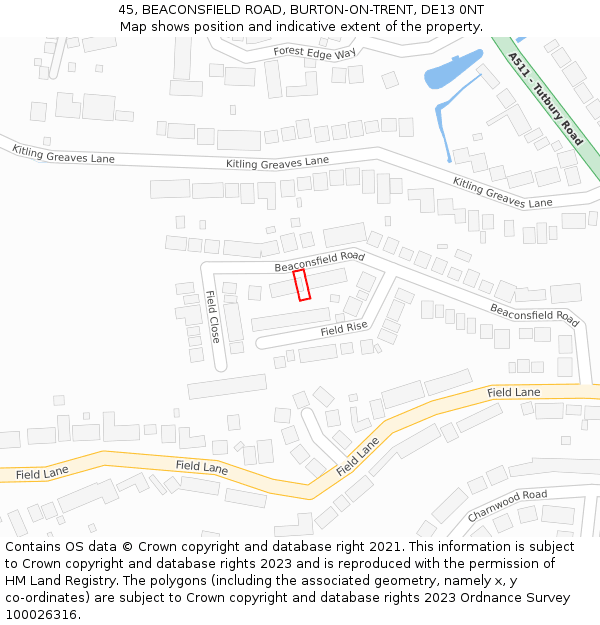 45, BEACONSFIELD ROAD, BURTON-ON-TRENT, DE13 0NT: Location map and indicative extent of plot
