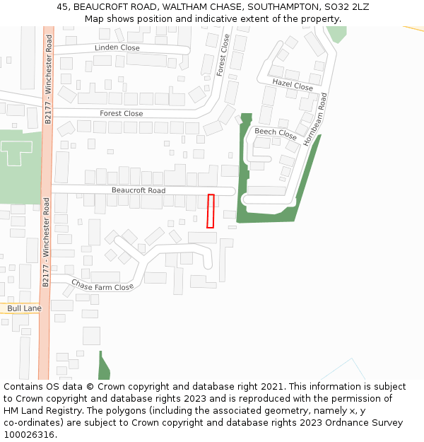 45, BEAUCROFT ROAD, WALTHAM CHASE, SOUTHAMPTON, SO32 2LZ: Location map and indicative extent of plot