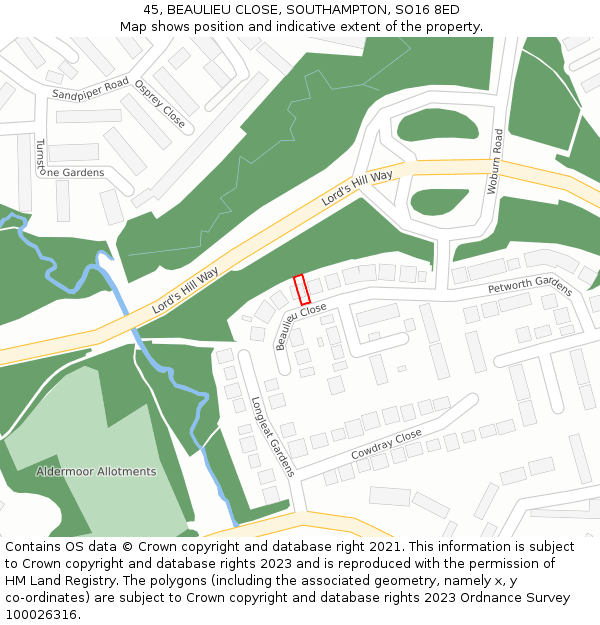 45, BEAULIEU CLOSE, SOUTHAMPTON, SO16 8ED: Location map and indicative extent of plot