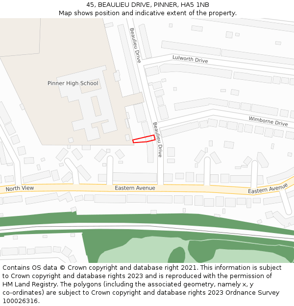 45, BEAULIEU DRIVE, PINNER, HA5 1NB: Location map and indicative extent of plot