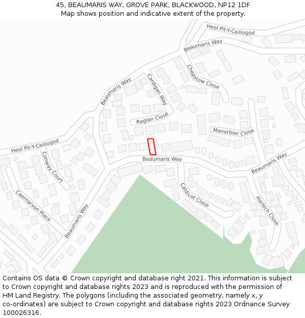 45, BEAUMARIS WAY, GROVE PARK, BLACKWOOD, NP12 1DF: Location map and indicative extent of plot