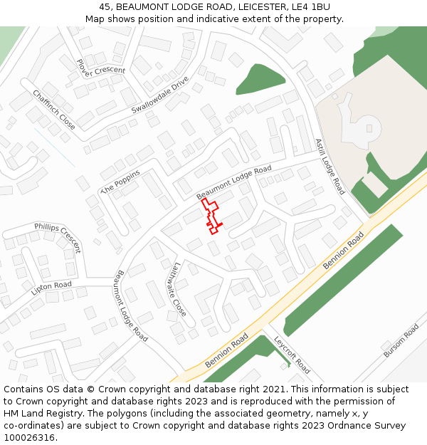 45, BEAUMONT LODGE ROAD, LEICESTER, LE4 1BU: Location map and indicative extent of plot